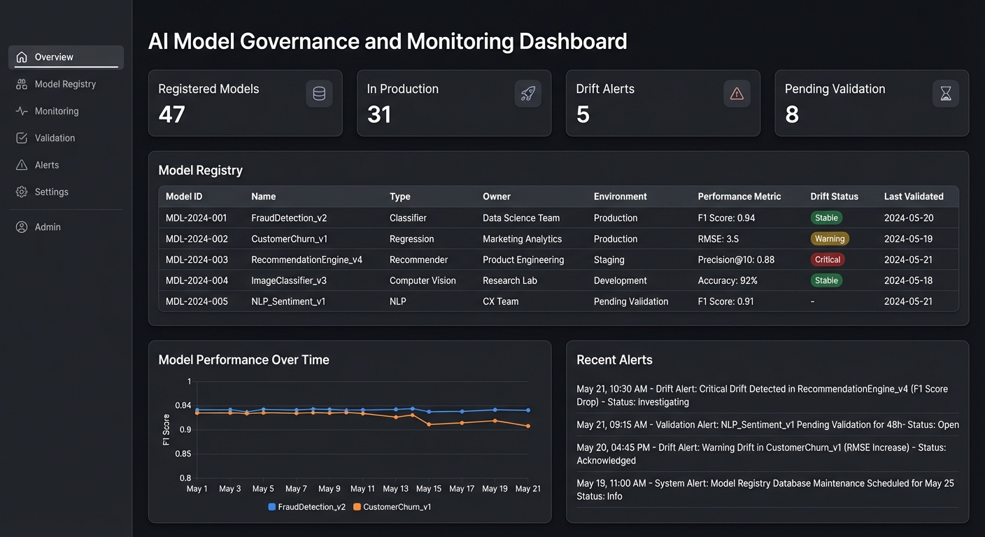 Model governance dashboard showing validation status and drift monitoring